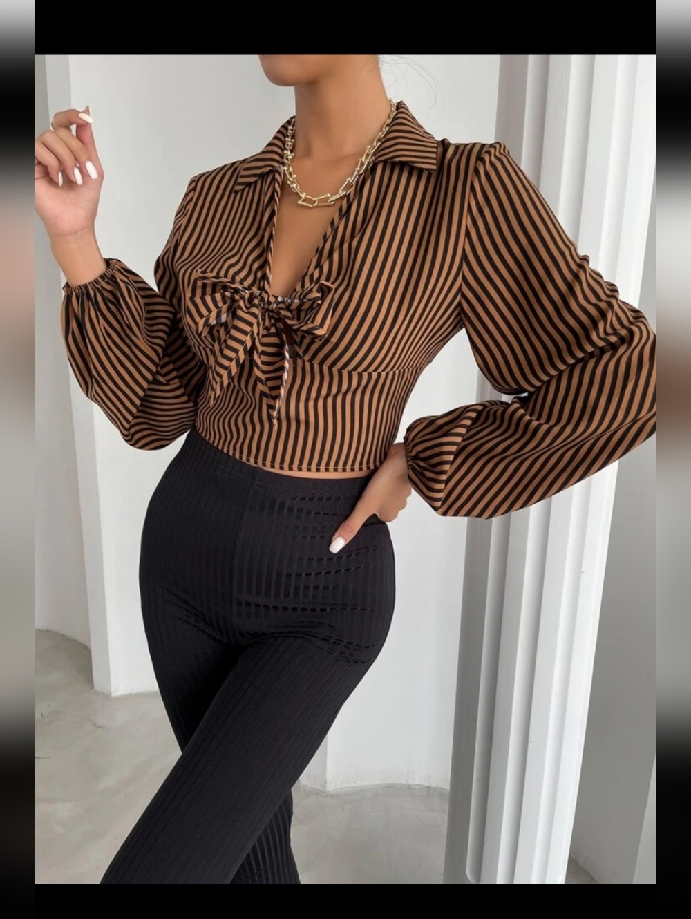 SHEIN Bishop Sleeved Brown and Black Striped Tie-Front Blouse